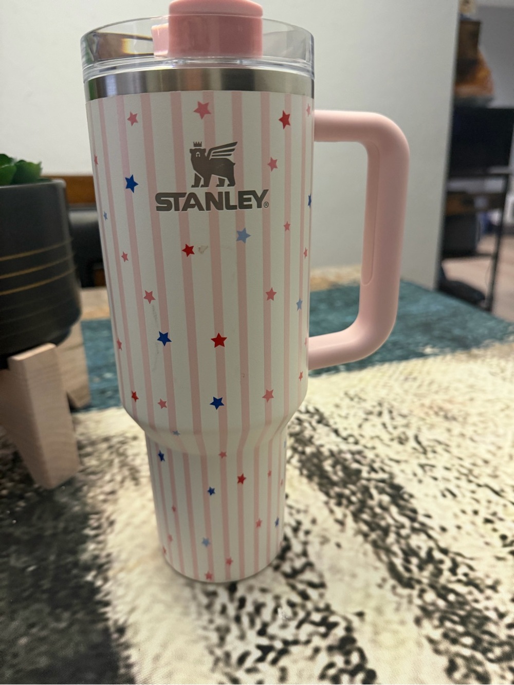 Stanley Pink & White Star Stripe Travel Mug with Pink Handle